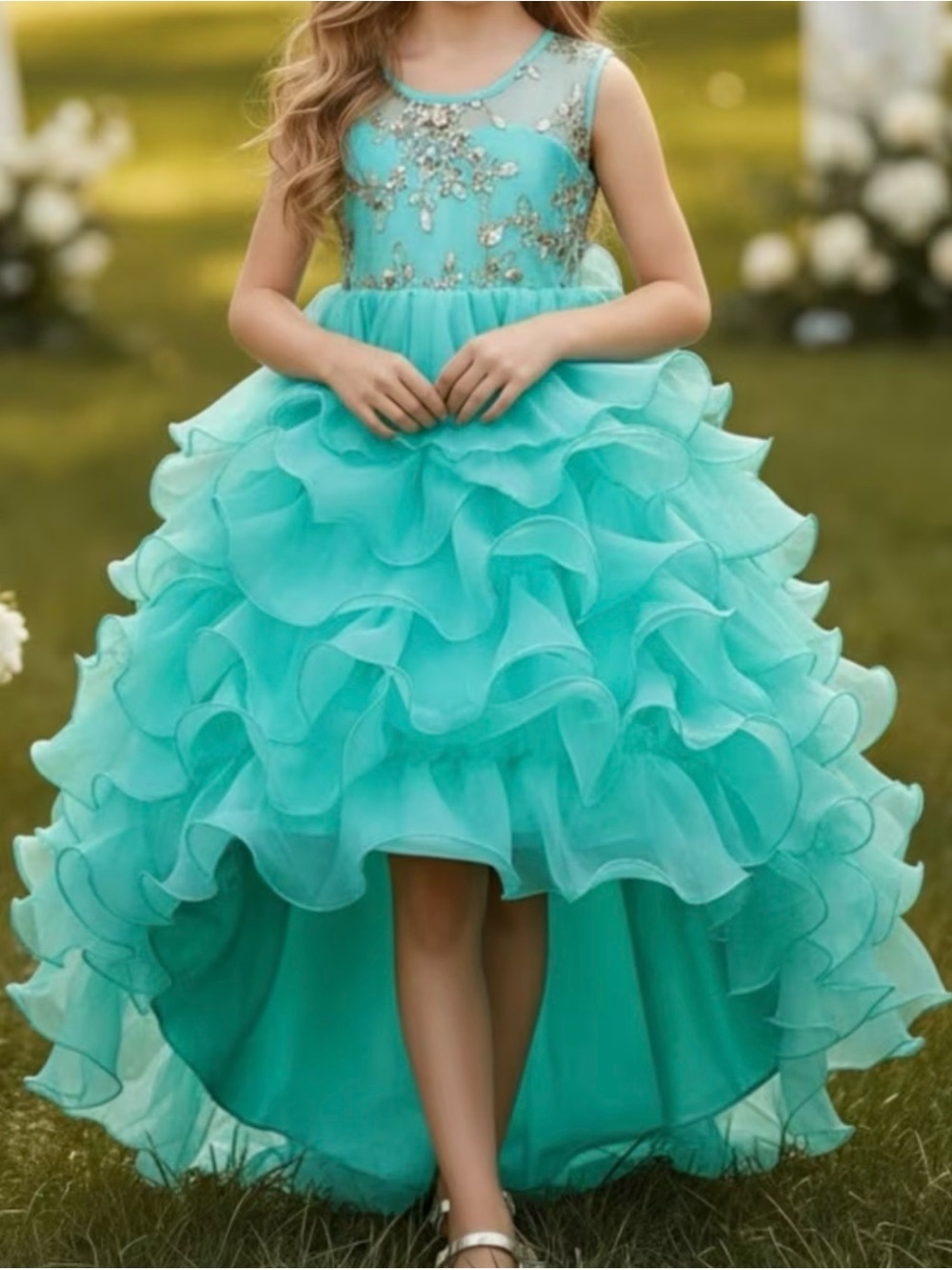 Girls' Turquoise Ruffled High-Low Party Dress